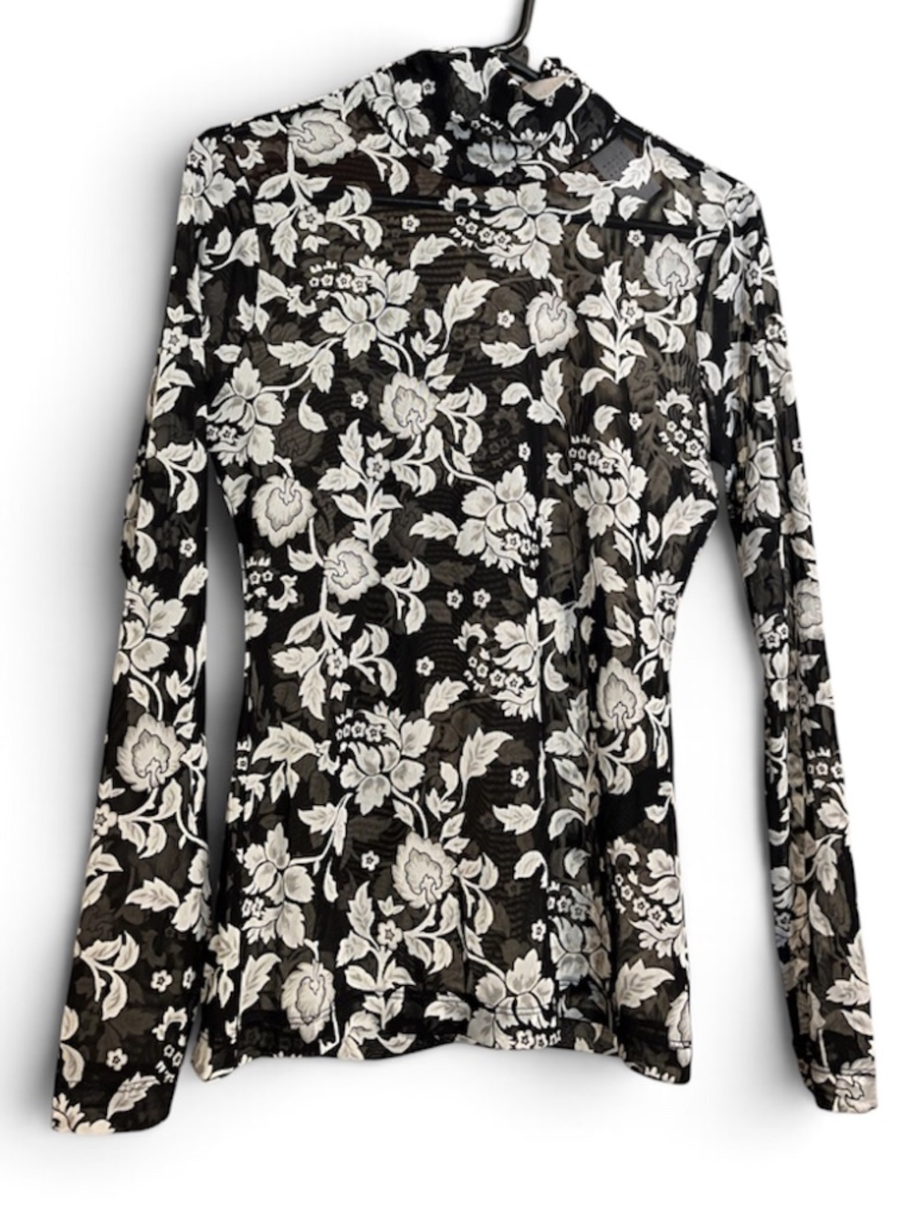 WHBM Women’s Black Multi Floral Print Sheer Turtleneck Long Sleeve Top Sz-XS